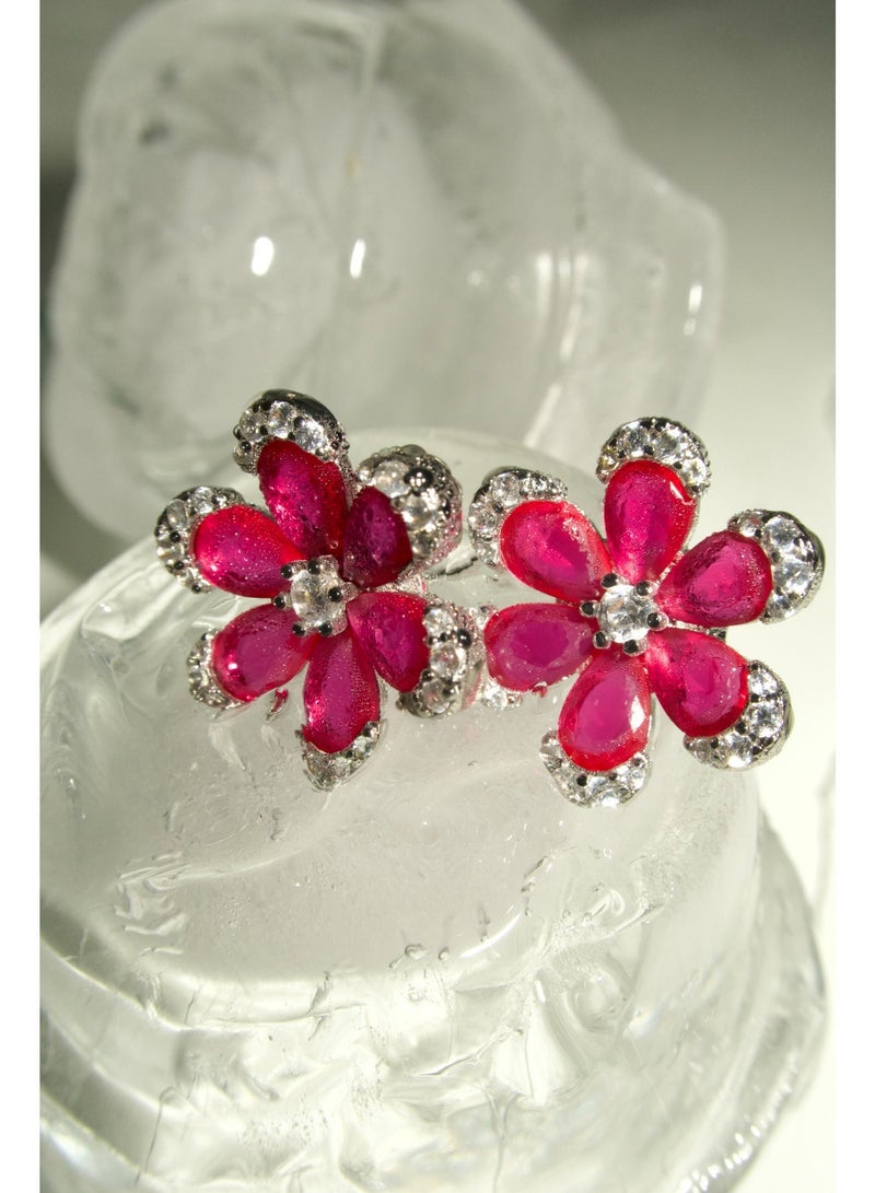 1une S925 Earrings ''MAGIC' Flower Pink Zirconia Stones - Image 1